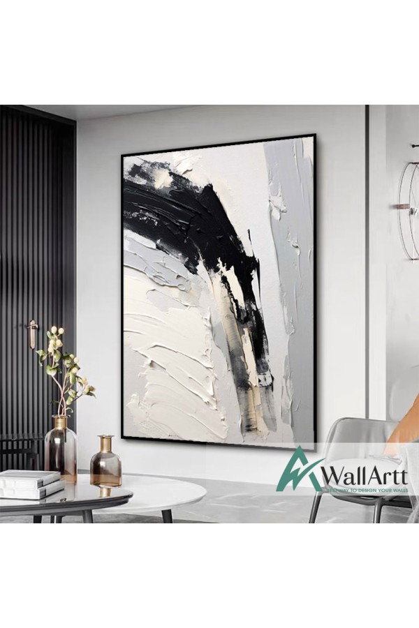 Abstract Black on White 3d Heavy Textured Partial Oil Painting
